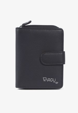 Zwarte leren portemonnee met een gestructureerd oppervlak, met een ritscompartiment, drukknoopsluiting en zilveren logo-opdruk aan de voorkant.