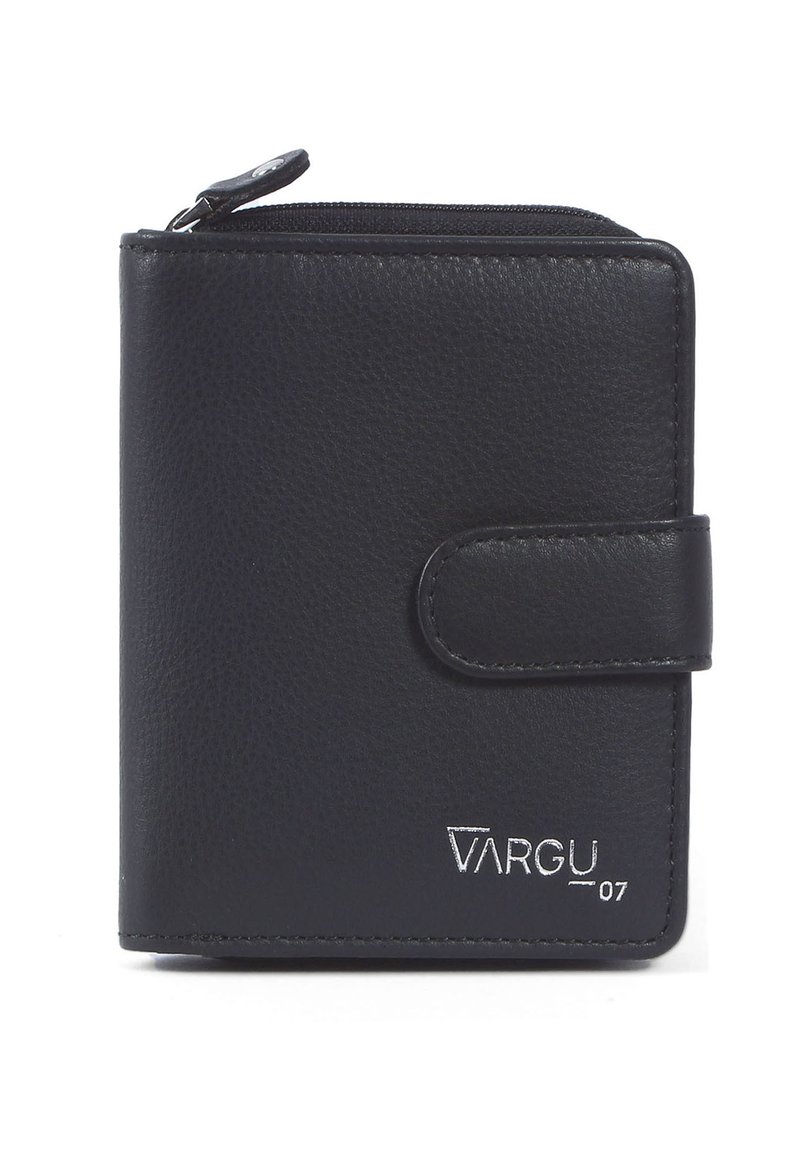 Black leather wallet with a textured surface, featuring a zippered compartment, snap closure, and silver logo detail on the front.