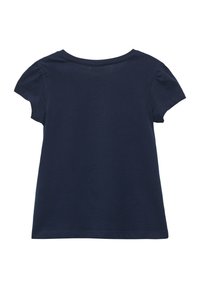 Dunkelblaus Baumwoll-T-Shirt mit kurzen Ärmeln und rundem Ausschnitt, das eine glatte Textur und ein einfaches Design ohne Verzierungen aufweist.
