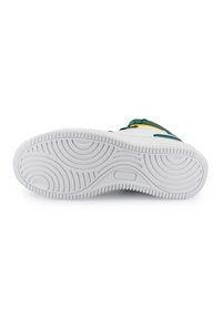 Vit sneakersula med texturerat mönster och cirkulära spår. Gröna och gula accenter på den övre delen. Hållbart material, tjock konstruktion.