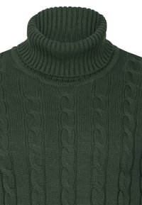 Tumedast roheline kudum turtleneck-sviiter ribatud kraega ja vertikaalse nöörkudumise mustriga.