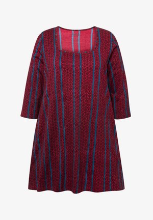 Červené šaty se čtvercovým výstřihem, tříčtvrtečními rukávy a květinovým vzorem, doplněné o svislé modré pruhy. Měkká textilie.