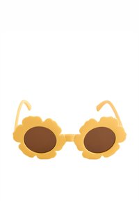 Rumene sončna očala v obliki cvetnih listov z rjavimi okroglimi lečami, ki imajo gladek plastični okvir in tanke bočne ročaje.