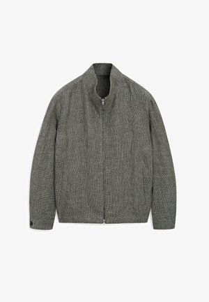 Grijze bomberjack met een hoge kraag, ritsluiting aan de voorkant, twee zijzakken, gestructureerde stof en een sportief ontwerp.