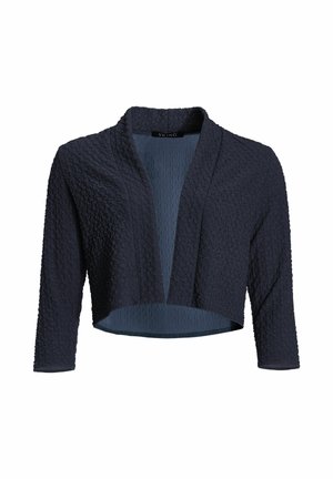 Marineblauwe, getextureerde, korte cardigan met driekwart mouwen en een open voorpand.