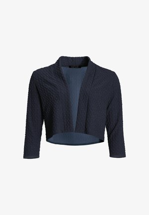 Marineblauwe, getextureerde, korte cardigan met driekwart mouwen en een open voorpand.