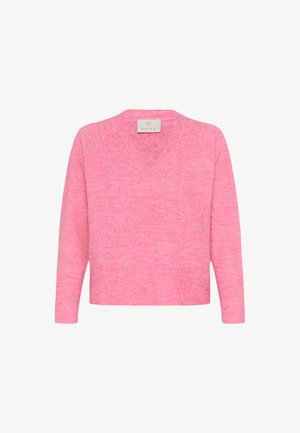 Rožinė V formos megztinė, pagaminta iš švelnaus megztinio medžiagos. Yra įsiūtos riebios rankogaliai ir apvadai, turi laisvą siluetą ir šiek tiek tekstūruotą audinį.