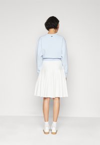 Light blue sweatshirt with a ribbed hem, paired with a white pleated skirt. Model wearing white shoes and socks, seen from the back.