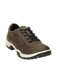 Zapato de senderismo impermeable marrón con parte superior de cuero texturizado, cordones negros, suela acolchada y suela de goma para tracción.