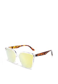 Sunglasses with clear frame and reflective light green lenses. Tortoiseshell pattern on arms with logo detail in gold. Angular design.