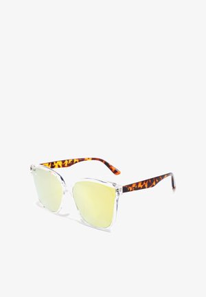 Sunglasses with clear frame and reflective light green lenses. Tortoiseshell pattern on arms with logo detail in gold. Angular design.