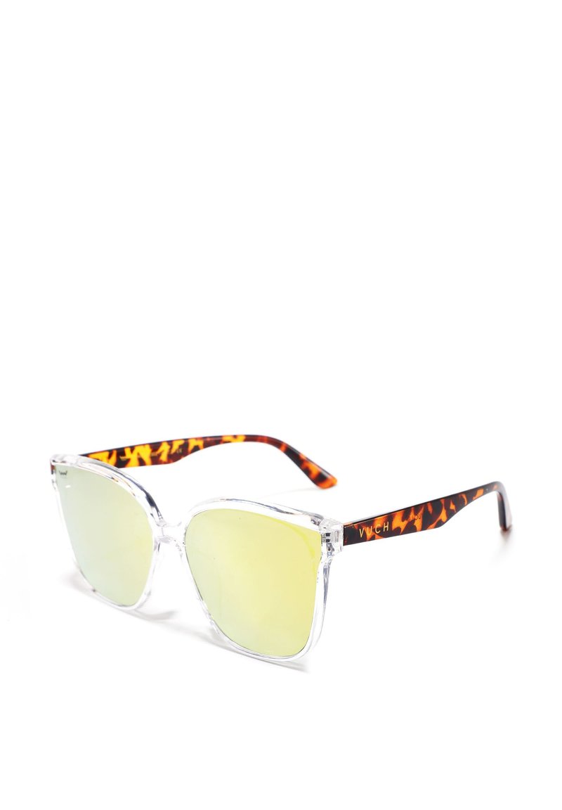 Sunglasses with clear frame and reflective light green lenses. Tortoiseshell pattern on arms with logo detail in gold. Angular design.