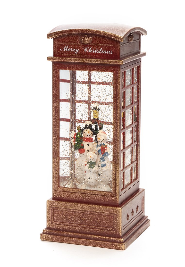 Rote Laterne mit dem Text "Frohe Weihnachten", enthält drei Schneemänner, einen Weihnachtsbaum, eine Laterne und schwebenden Glitzer darin.