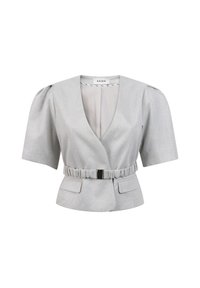 Zilveren blouse met korte mouwen en een diepe V-hals, geaccentueerde taille met een gesp en twee voorzakken. Geweven stof met glans.