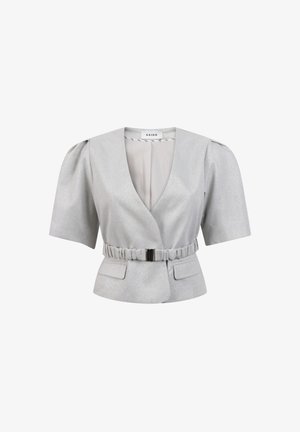 Zilveren blouse met korte mouwen en een diepe V-hals, geaccentueerde taille met een gesp en twee voorzakken. Geweven stof met glans.