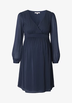 Marineblauwe zwangerschapsjurk van lichtgewicht stof, met lange pofmouwen, een wikkelfrontontwerp en een aansluitend lijfje met een elastische tailleband.