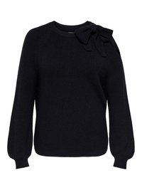 Pull noir en maille avec un col rond, des manches raglan et un nœud décoratif sur l'épaule gauche. Poignets et ourlet côtelés.