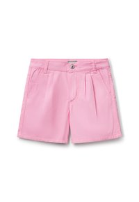 Světle růžové šortky vyrobené z hladké tkaniny, s předními sklady, dvěma bočními kapsami, kovovým zapínáním a poutky na opasek.