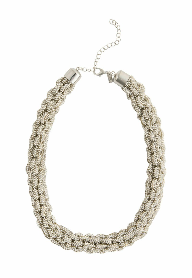 Austs apvalks ar metāla pērļiem, sudraba krāsā, ar aizdari un regulējamu ķēdīti garuma maiņai.