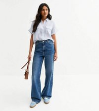 Blå och vit randig skjorta med korta ärmar, högmidjade vida blå jeans och ljusblå skor, hållande en brun handväska.