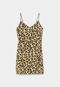 Leopardmönstrad klänning med tunna svarta band, med en beige bakgrund och mörkbruna fläckar. Slät textur och V-ringning.