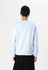 Light blue sweatshirt with long sleeves, crew neck, ribbed cuffs, and hem. Fabric appears soft with a smooth texture. Worn with black pants.