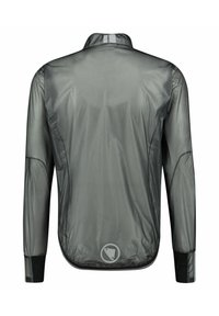 Leichte, langärmelige Jacke in Dunkelgrau, hergestellt aus glattem, wasserabweisendem Material mit abgerundetem Saum und schwarzem Strickbündchen.