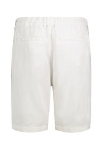 White cotton shorts with an elastic waistband, two back pockets, and a slightly textured finish. Hemmed cuffs at the bottom.