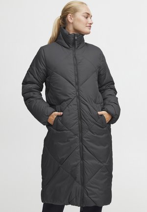 Long black quilted puffer coat with high collar, zip front, patch pockets, and diamond stitching pattern. Smooth, insulated fabric.