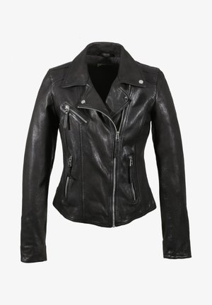 Zwarte leren motorjack met een asymmetrische voorkant met ritssluiting, twee voorzakken met ritssluiting en zilverkleurige hardwareaccenten. Strak aangesloten ontwerp.