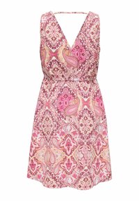 Vestido de patrón floral rosa con escote en V, sin mangas, con cintura elástica y una forma fluida. Presenta intrincados motivos de cachemir.