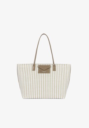 Sac cabas tissé beige et blanc avec de longues poignées en cuir brun clair et une petite poche avant en cuir portant l'inscription "Lancaster Paris".