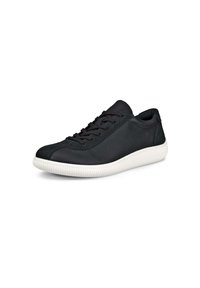 Sneaker nera con lacci realizzata in pelle texturizzata e tessuto morbido. Presenta una suola in gomma bianca con accenti rigati per una migliore aderenza.