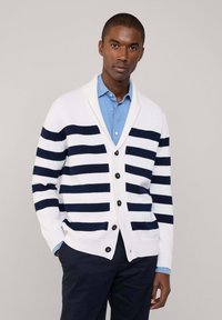 Cardigan bianco con strisce orizzontali blu navy, caratterizzato da un colletto a scialle, chiusura con bottoni e texture lavorata a maglia. Indossato sopra una camicia azzurro chiaro.
