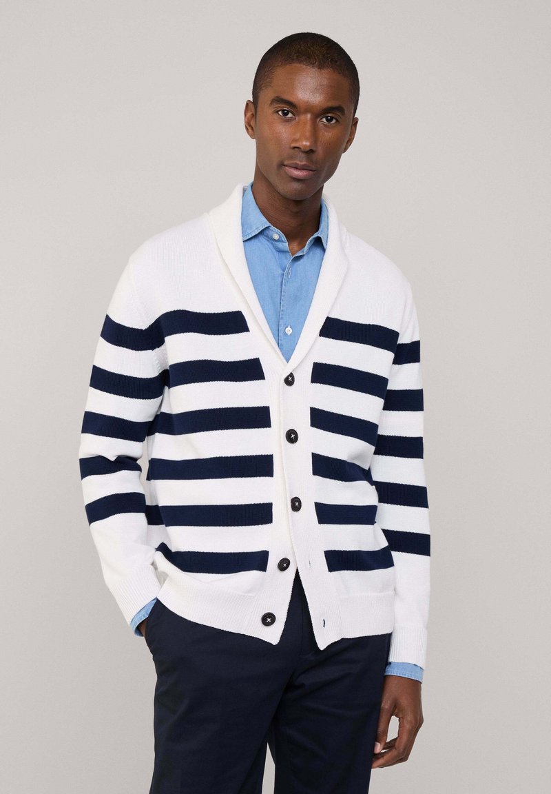 Cardigan bianco con strisce orizzontali blu navy, caratterizzato da un colletto a scialle, chiusura con bottoni e texture lavorata a maglia. Indossato sopra una camicia azzurro chiaro.