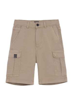 Beige cargoshorts gemaakt van duurzaam materiaal; met twee zijzakken en twee grote cargozakken; afgesloten met een knoop en rits.