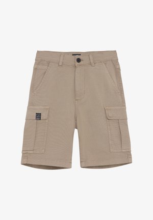 Beige cargo shorts lavet af slidstærkt stof; har to sidelommer og to store cargolommer; lukkes med en knap og lynlås.