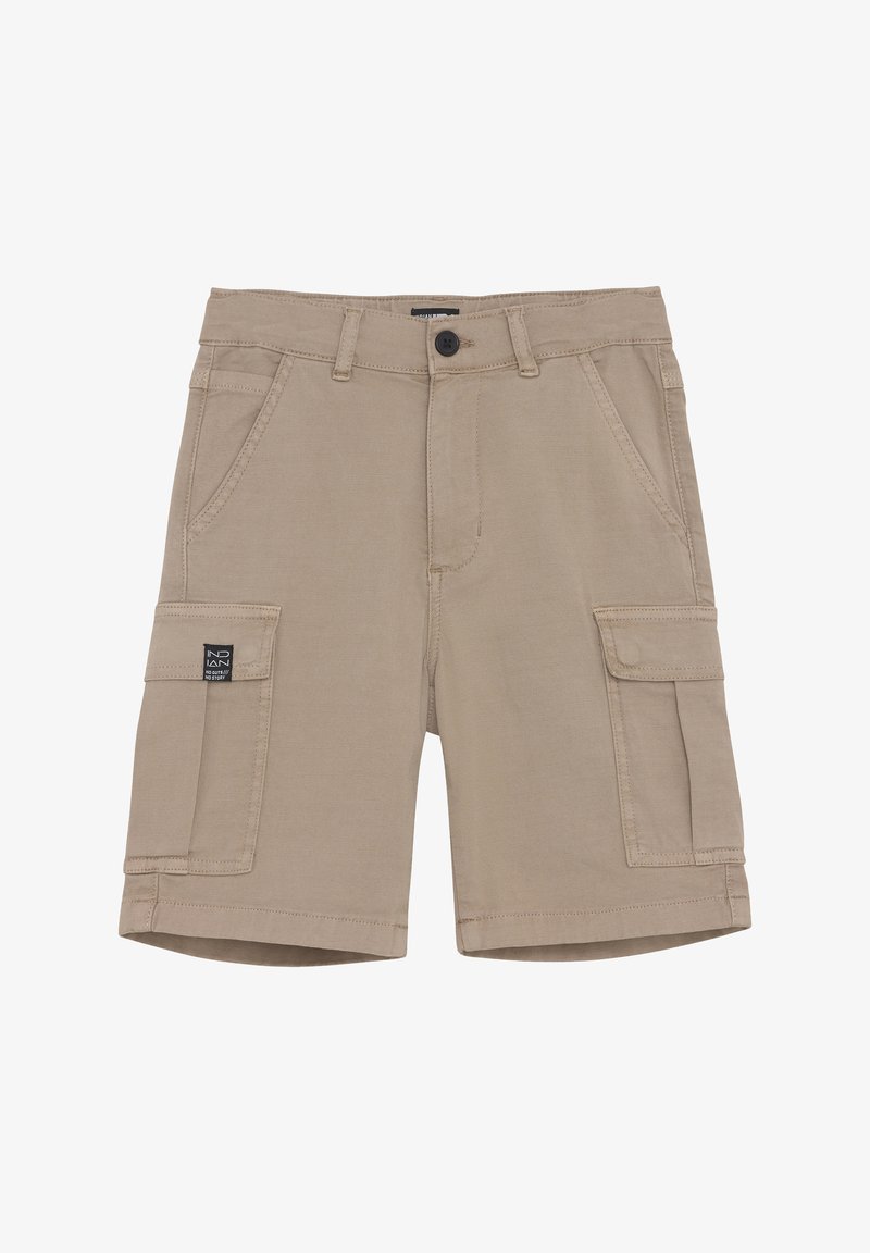 Shorts cargo beiges en tissu durable ; avec deux poches latérales et deux grandes poches cargo ; fermés par un bouton et un zip.