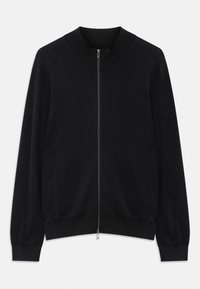 Schwarze Langarm-Zip-Up-Cardigan mit geripptem Rundhalsausschnitt, Bündchen und Saum, vor einem weißen Hintergrund präsentiert.