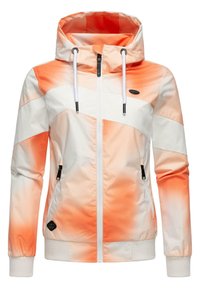 Oranž ja valge gradientiga jälgimisjakk, millel on kapuuts, lukuga sulgemine, kaks külgtaskut lukuga ja soonikkoes mansetid.