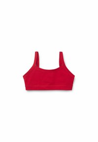 Červený bavlněný bralette s tenkými ramínky, bezšitým designem a hladkým povrchem. Bez zapínání a bez kostic, vhodný pro pohodlné nošení.