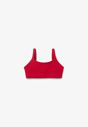 Červený bavlněný bralette s tenkými ramínky, bezšitým designem a hladkým povrchem. Bez zapínání a bez kostic, vhodný pro pohodlné nošení.