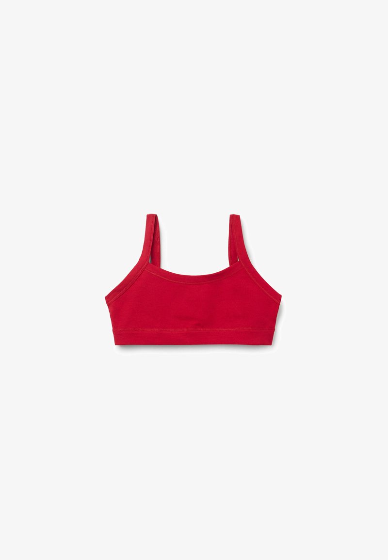 Rotes Baumwoll-Bralette mit dünnen Trägern, nahtlosem Design und glatter Textur. Keine Verschlüsse oder Bügel, geeignet für angenehmes Tragen.