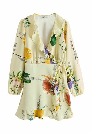 Cremefarbiges Wickelkleid mit langen Ärmeln, gerafftem Ausschnitt, Taillengürtel und buntem botanischem sowie Schrift-Print.