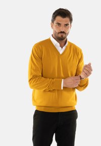 Maglione giallo senape a V, in tessuto a maglia, maniche lunghe, polsini e orlo a coste, indossato sopra una camicia bianca con colletto, abbinato a pantaloni neri.