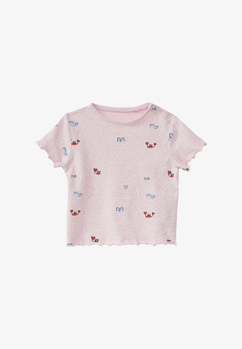 Roze T-shirt met korte mouwen en geschulpte randen, voorzien van een golvend patroon en verschillende kleine geborduurde zeedieren in blauw en rood.