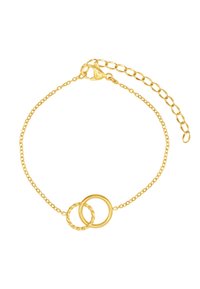 Bracciale in tono dorato con due anelli intrecciati, uno ritorto e uno liscio. Design a catena con chiusura sicura e lunghezza regolabile.