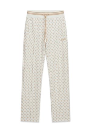 Pantaloni bianchi con motivi floreali e geometrici beige, vita elasticizzata con coulisse beige, vestibilità gamba dritta.