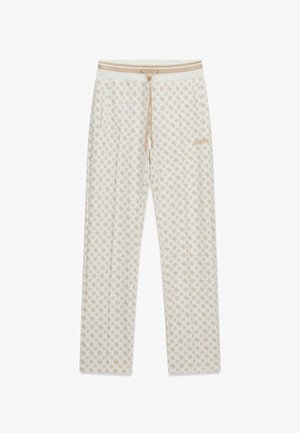 Witte broek met beige bloemen- en geometrische patronen, elastische tailleband met een beige trekkoord, rechte pijpenpasvorm.