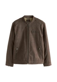 Chaqueta marrón con cremallera, de textura suave, con cuello alto y tres bolsillos con cremallera en la parte frontal. Presenta un diseño suave y aerodinámico.